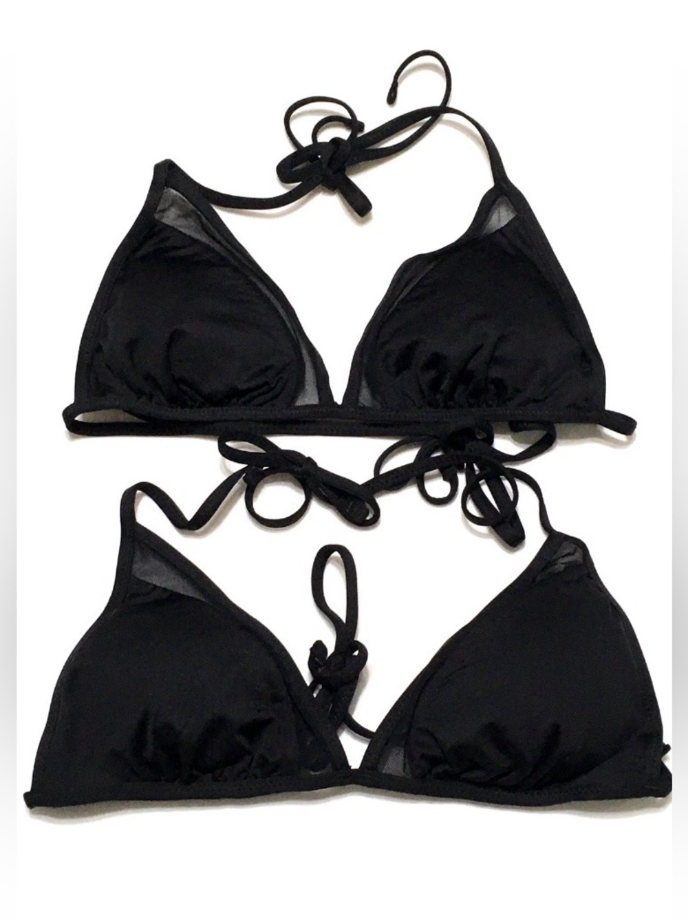 2- Shade & Shore Women's M (8-10) Black Mesh Trim Triangle Tie Back Bikini Top